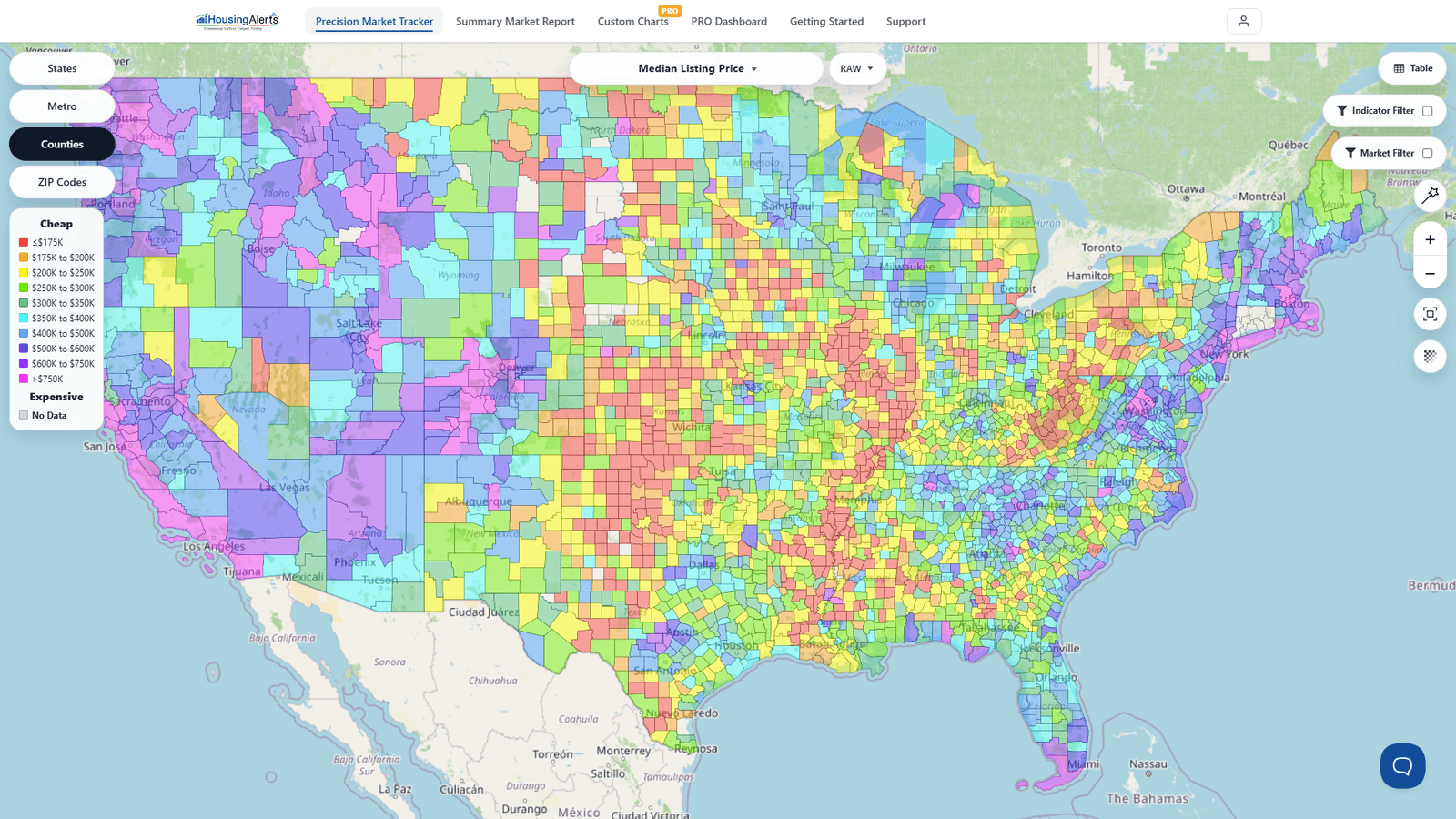 The market-level selector showing States, Metro, Counties, and ZIP Codes options.