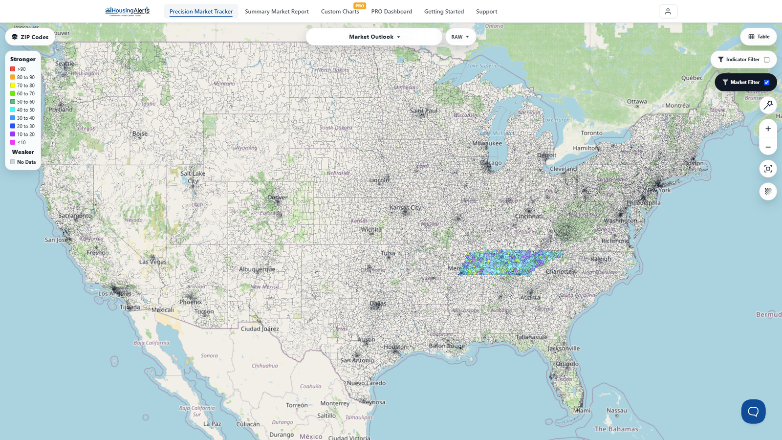 The Precision Market Tracker Map at ZIP level filtered to a state, ZIP micro-markets shaded best-to-worst within the larger market.
