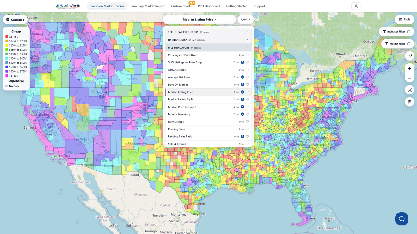 The Precision Market Tracker dataset picker open, showing the indicator categories (Technical Predictors, Hybrid, MLS, Appreciation Rates, Fundamental) you can shade the map by.