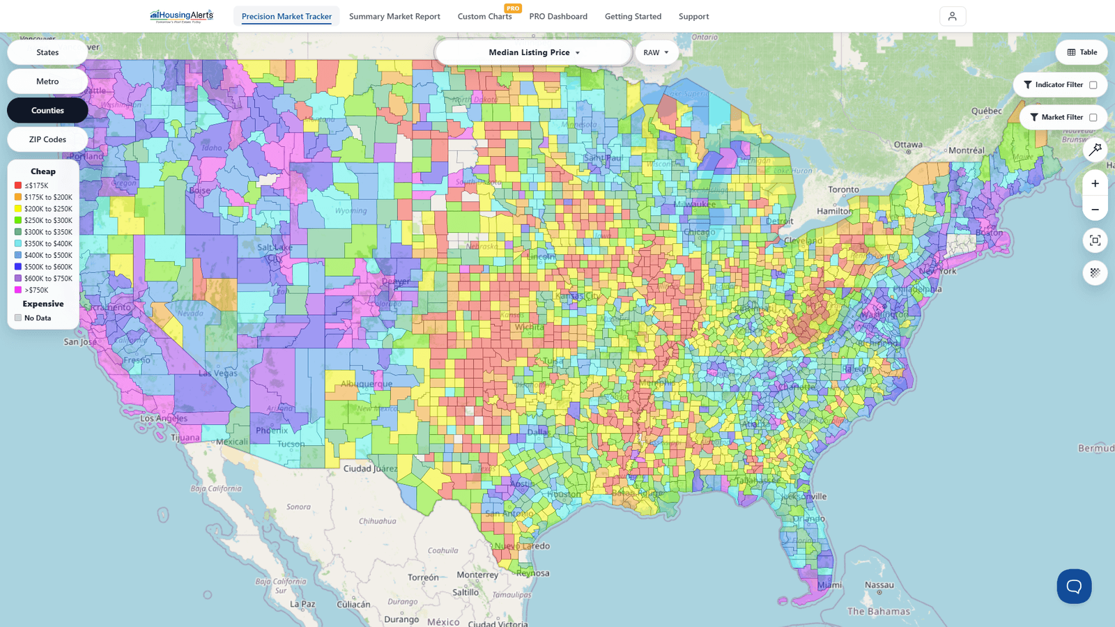 The Map's geography-level selector open, showing the State / Metro / County / ZIP levels the whole map can switch between.