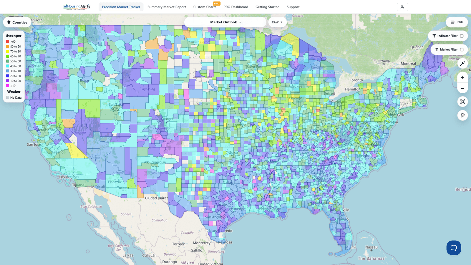 The Precision Market Tracker Map showing the whole USA shaded by Market Outlook on a best-to-worst heatmap, with the dataset picker at top, the color Legend/Key at left, and zoom controls at right.