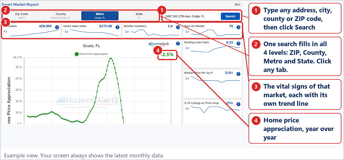 The Smart Market Report with the search box, level tabs and vital-sign tiles called out