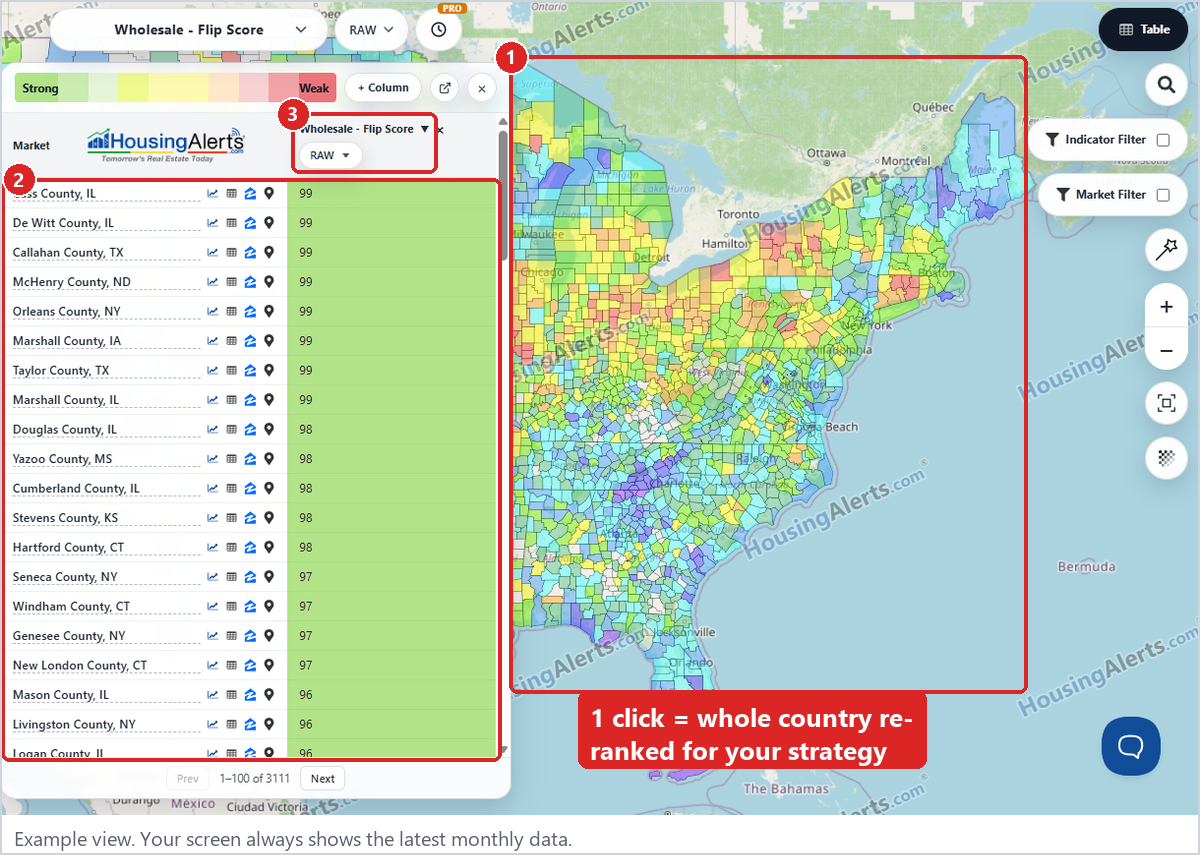 After one click the map re-colors and the table ranks every county