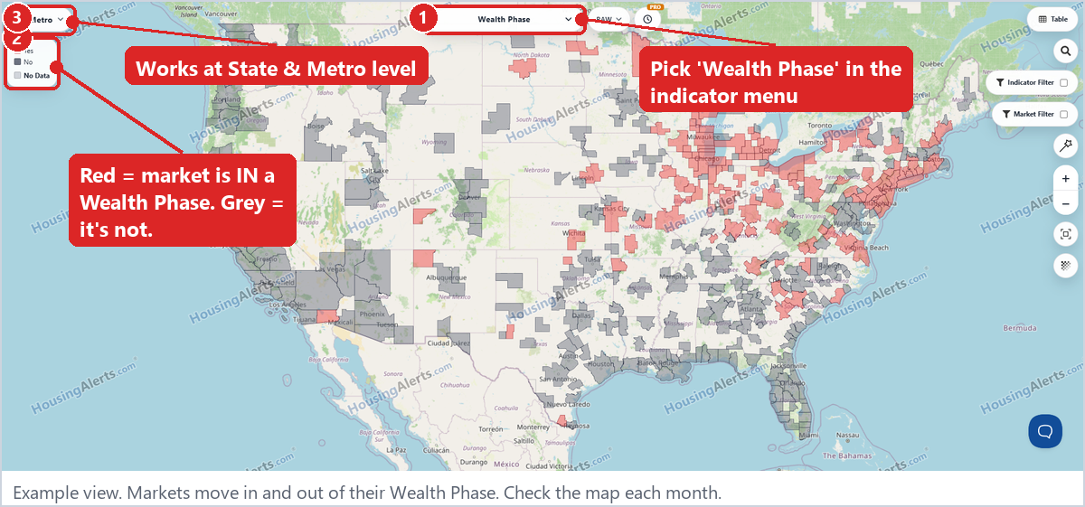The Map set to Wealth Phase: markets in a phase are red, others gray