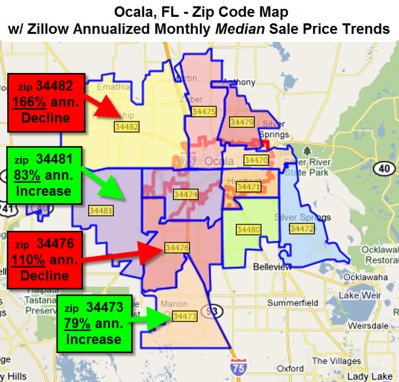 Ocala Florida-Zip Code Map-Zillow Annualized Monthly Median Sale Price Trends
