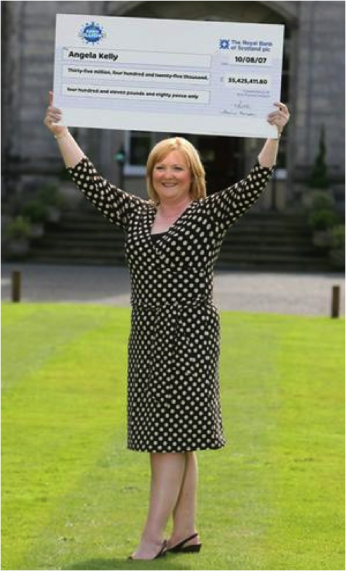 Woman smiling while holding up a massive check for $35,425,491.80 from investing in real estate