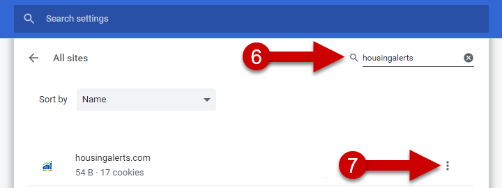 Clearing Housing Alerts Cookies Chrome - Steps 6 and 7