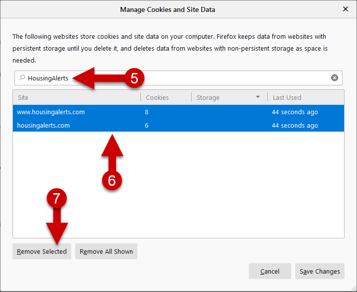 Clearing Housing Alerts Cookies FireFox - Steps 5,6 and 7